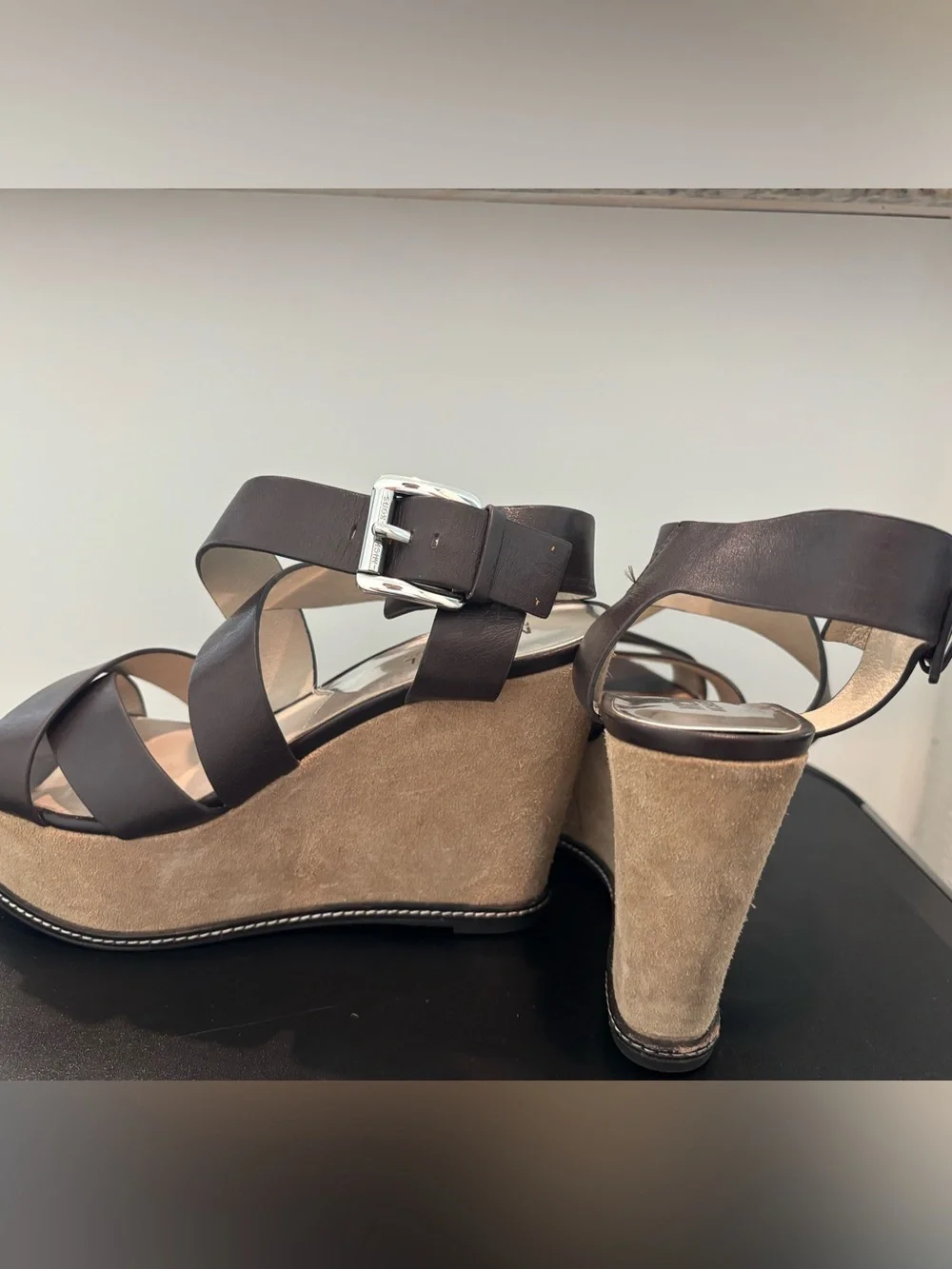 Michael Kors - Women's Brown Leather Strappy Wedge Sandals with Suede Platform